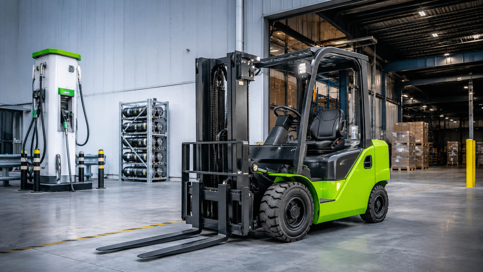 Hydrogen-powered forklift in a warehouse