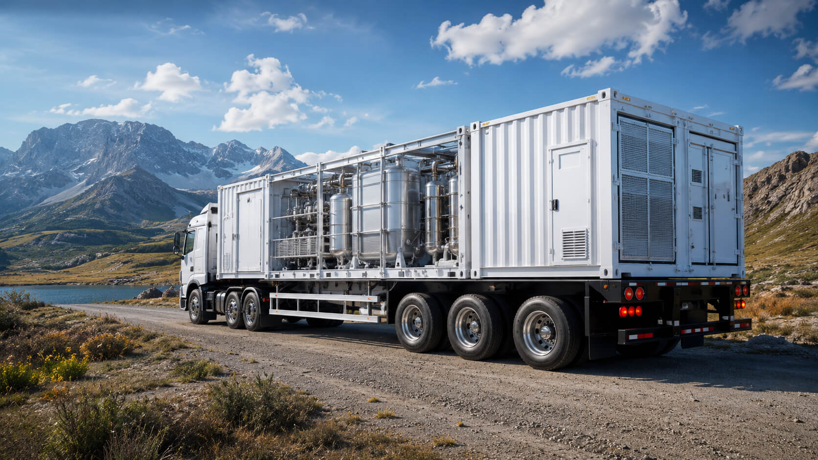 Containerized mobile hydrogen generation trailer on the road